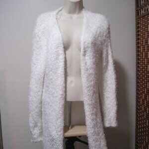 It's Our Time Women's Large White Furry Knit Polyester Open Front Long Sweater